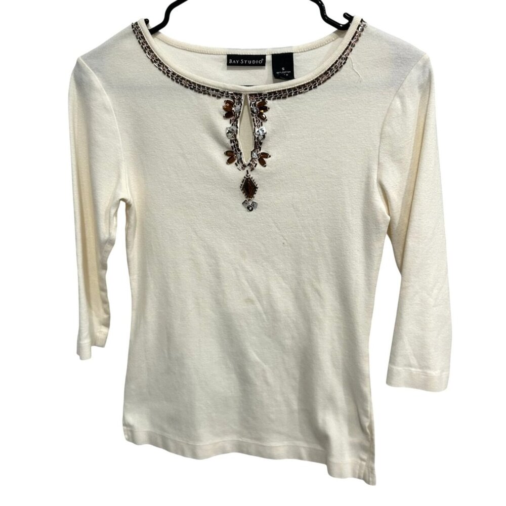 Bay Studio Womens Beaded Embellished Top Small Ivory 3/4 Sleeve 100% Cotton